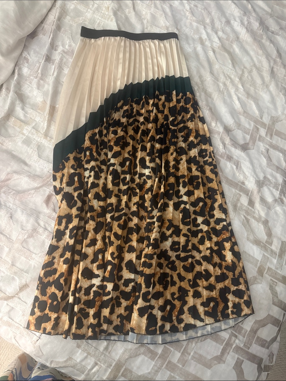 Pleated Leopard-Print Midi Skirt with Cream & Black Panels